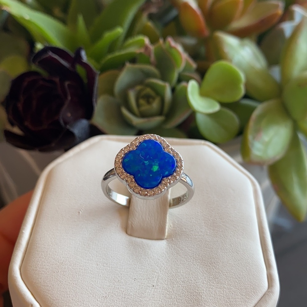 NEW 925 SILVER CLOVER RING BLUE OPAL RING - Picture 6 of 8